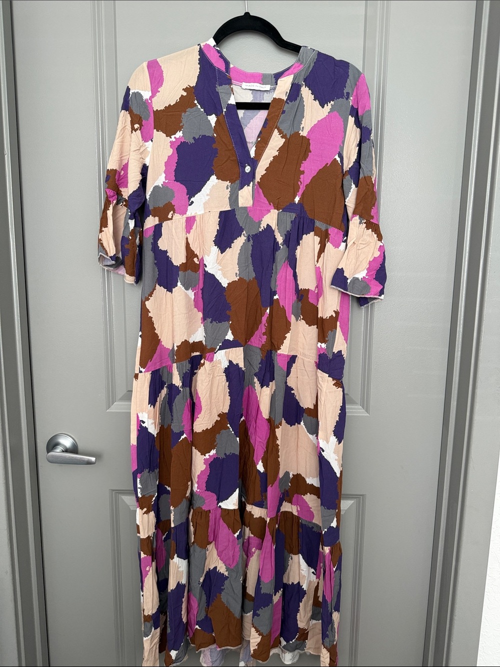 Abstract Patchwork Maxi Dress in Pink, Purple & Brown